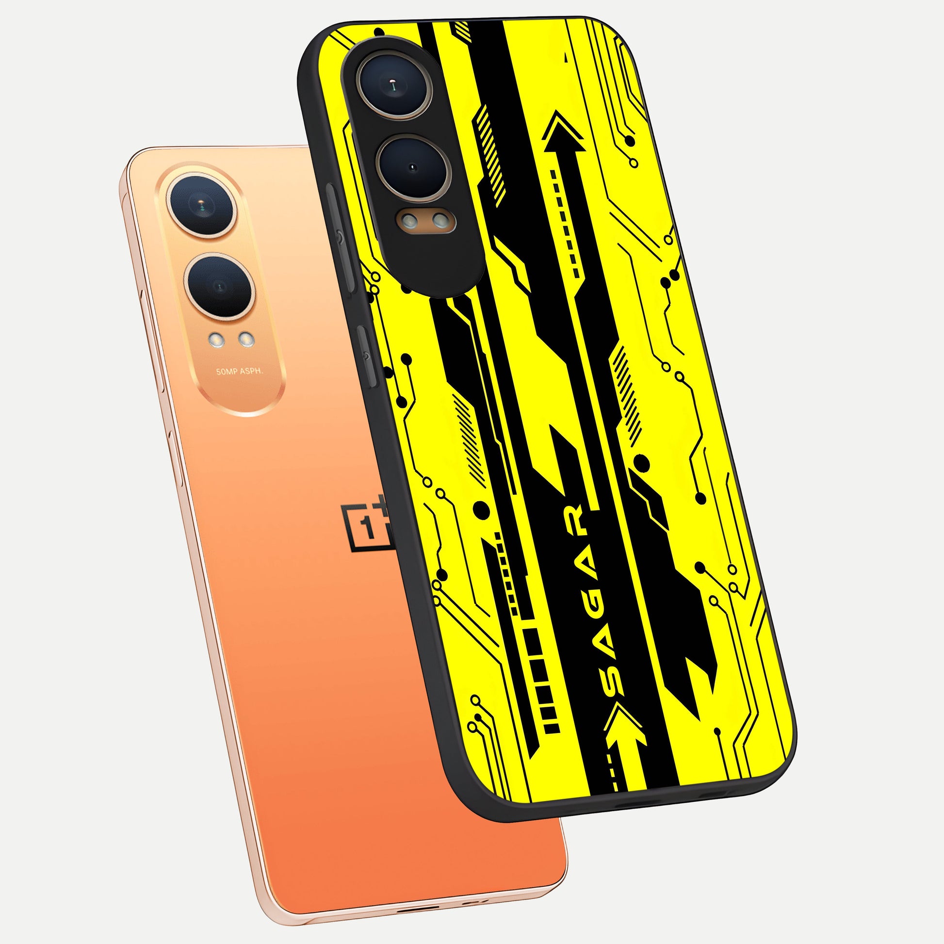  Electric Pulse CYBERPUNK Custom Name phone case For Oneplus Nord CE4 Lite showing premium glass back cover with detailed artwork