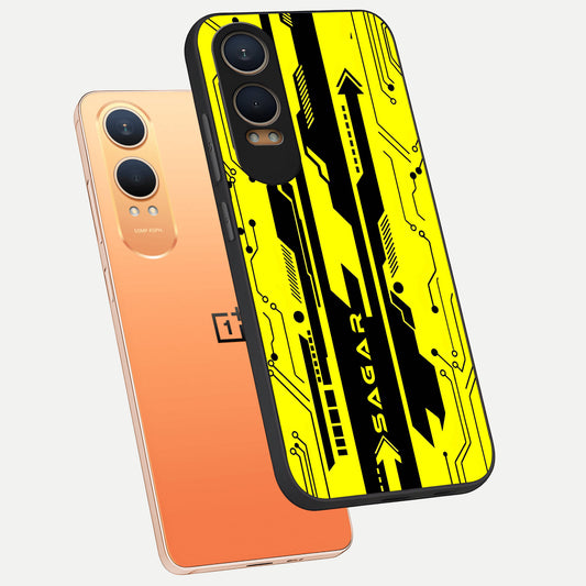  Electric Pulse CYBERPUNK Custom Name phone case For Oneplus Nord CE4 Lite showing premium glass back cover with detailed artwork
