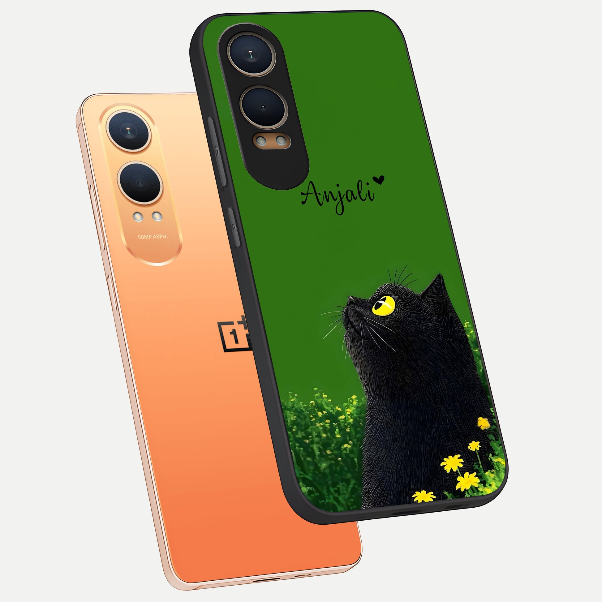  Emerald Cat Custom Name phone case For Oneplus Nord CE4 Lite showing premium glass back cover with detailed artwork