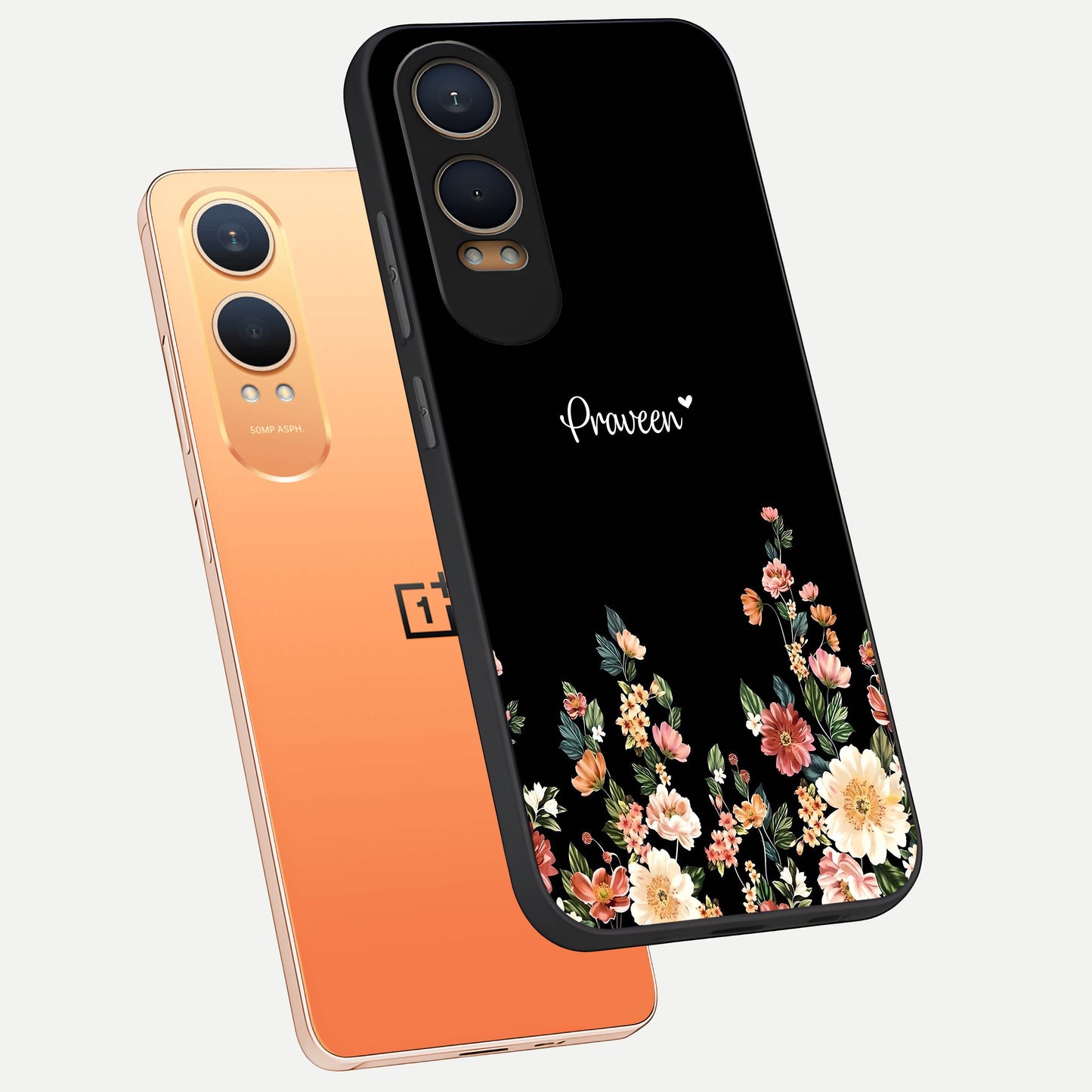  Floral Design Personalized Custom Name phone case For Oneplus Nord CE4 Lite showing premium glass back cover with detailed artwork