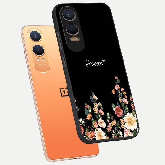  Floral Design Personalized Custom Name phone case For Oneplus Nord CE4 Lite showing premium glass back cover with detailed artwork