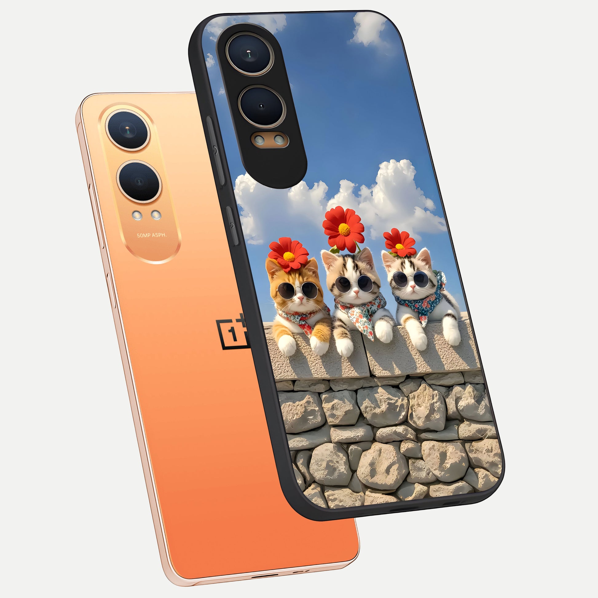  Floral Kitty Squad phone case For Oneplus Nord CE4 Lite showing premium glass back cover with detailed artwork