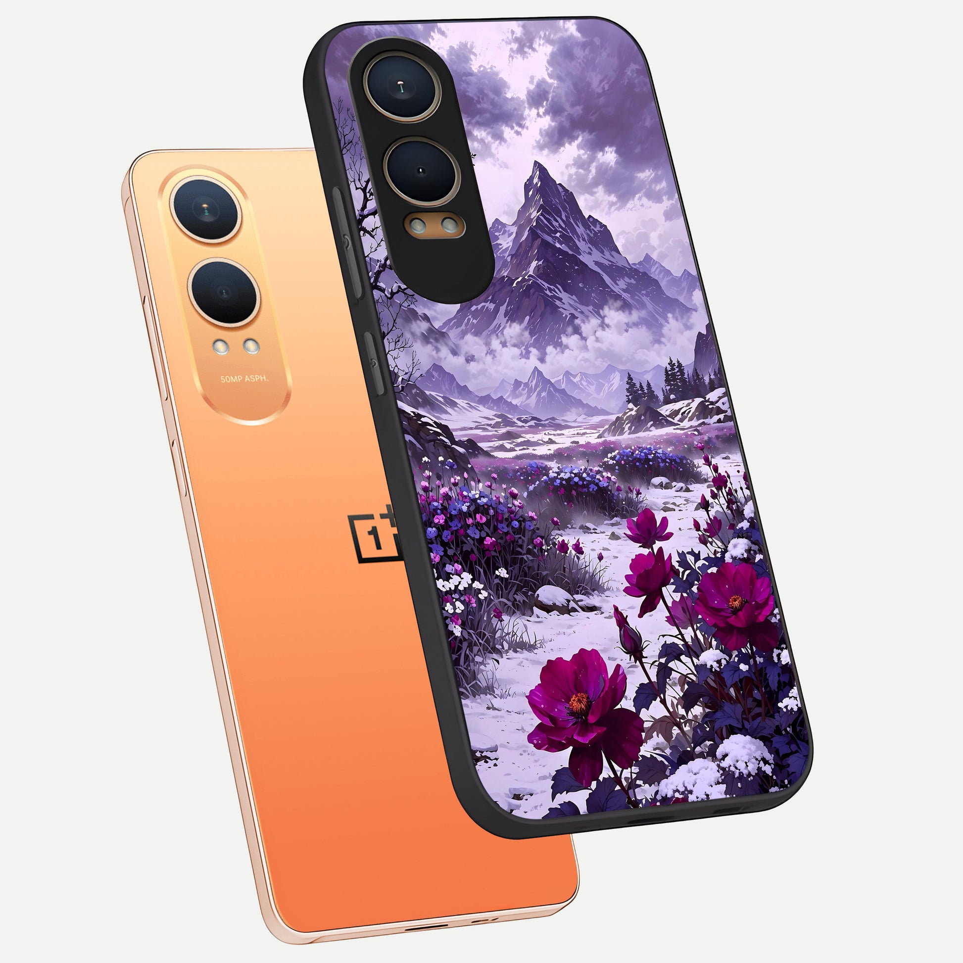  Flower Mountain View phone case For Oneplus Nord CE4 Lite showing premium glass back cover with detailed artwork