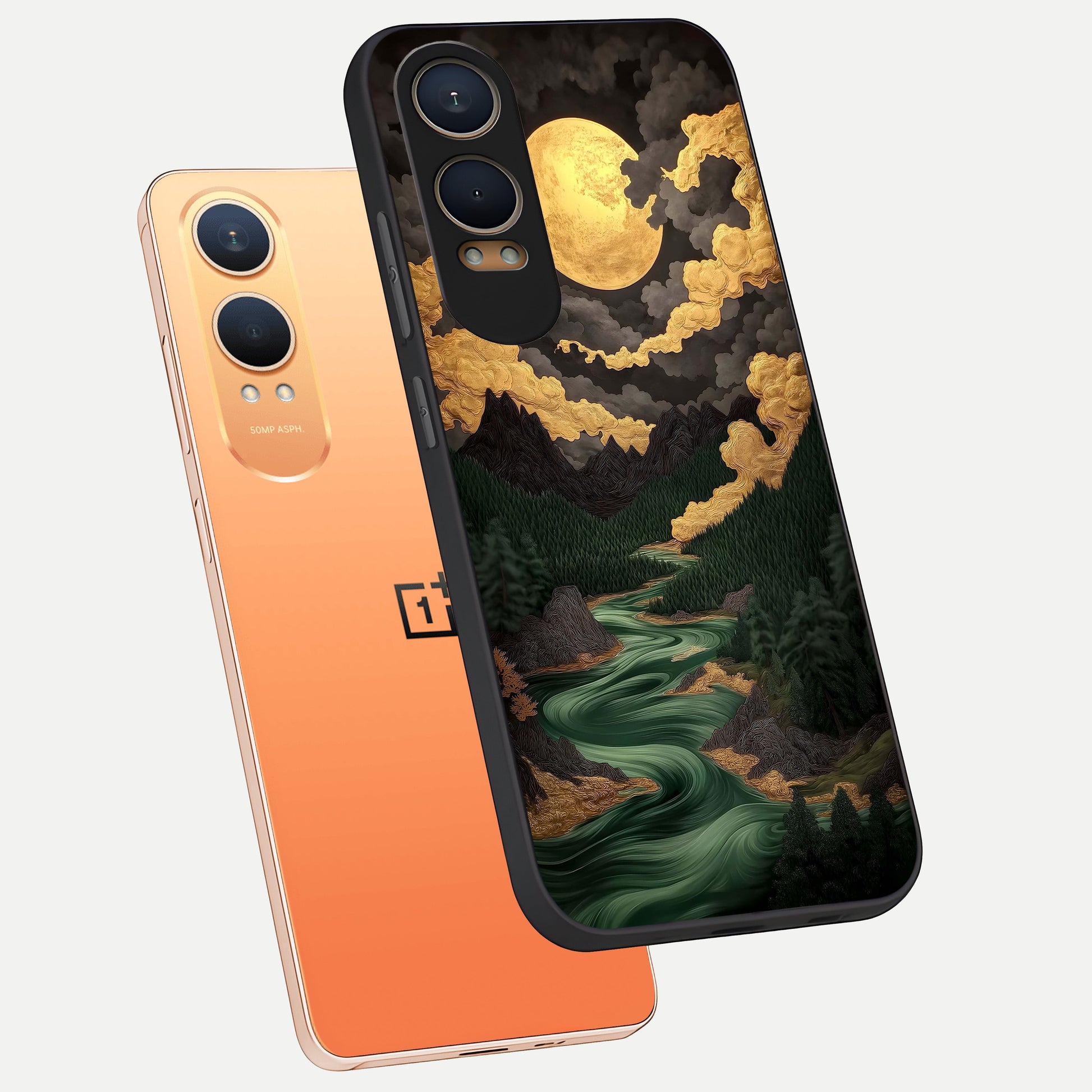  Golden River Moon phone case For Oneplus Nord CE4 Lite showing premium glass back cover with detailed artwork