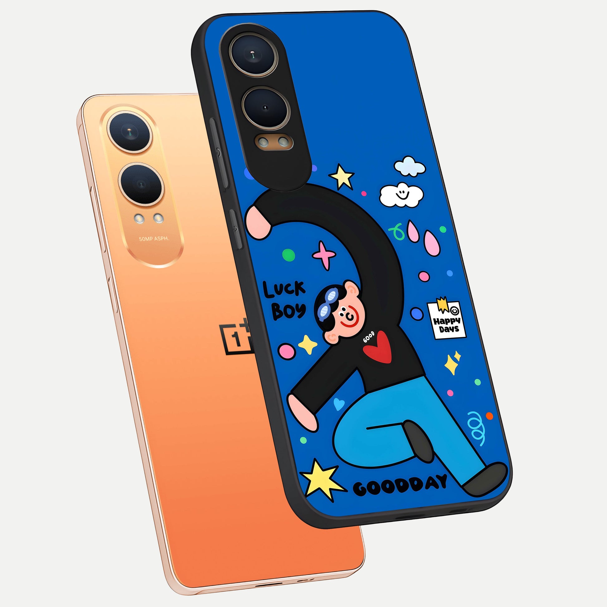  Happy Luck Vibe phone case For Oneplus Nord CE4 Lite showing premium glass back cover with detailed artwork