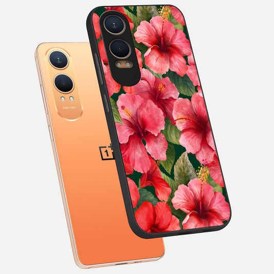  Hibiscus Pattern phone case For Oneplus Nord CE4 Lite showing premium glass back cover with detailed artwork