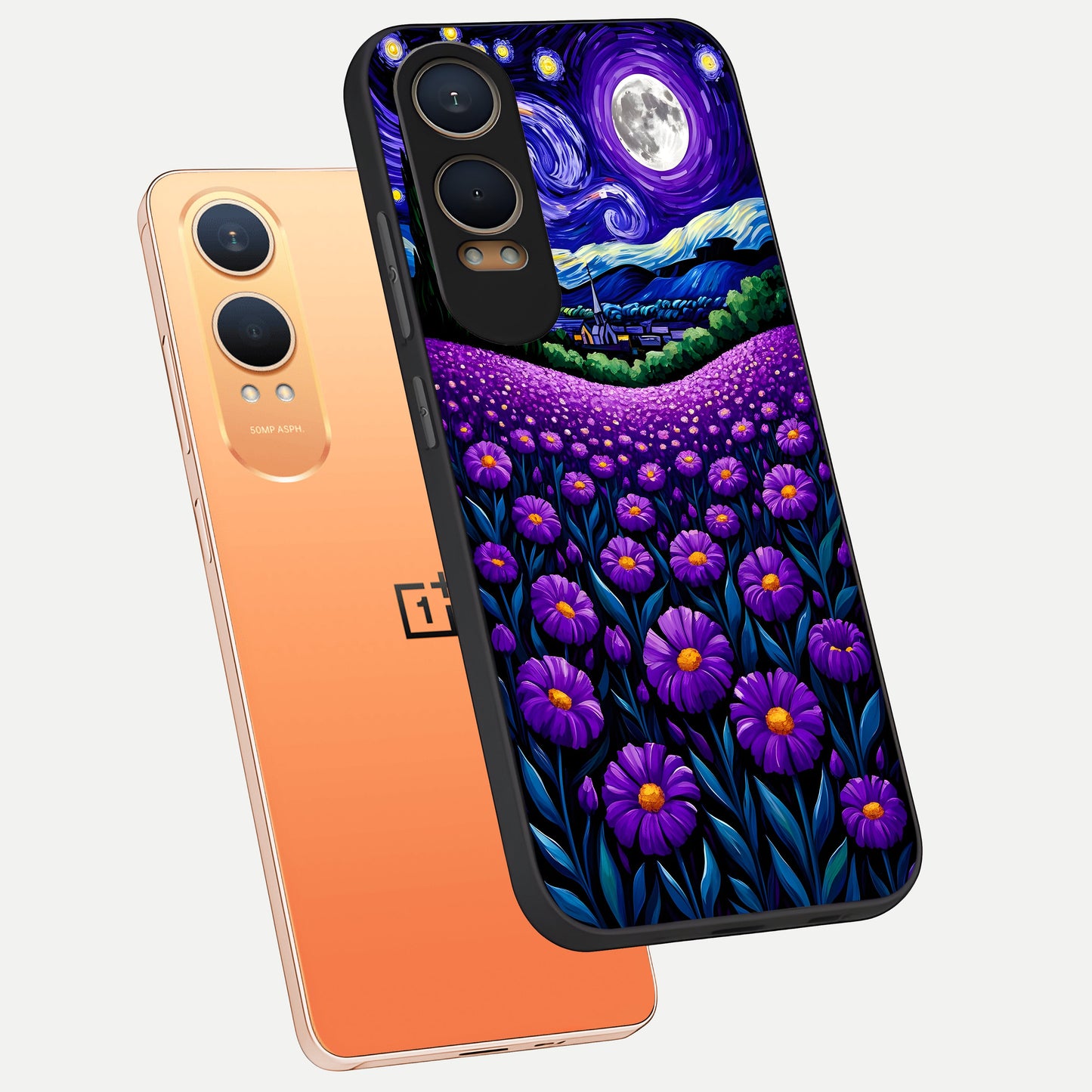  Lavender Moon Field phone case For Oneplus Nord CE4 Lite showing premium glass back cover with detailed artwork