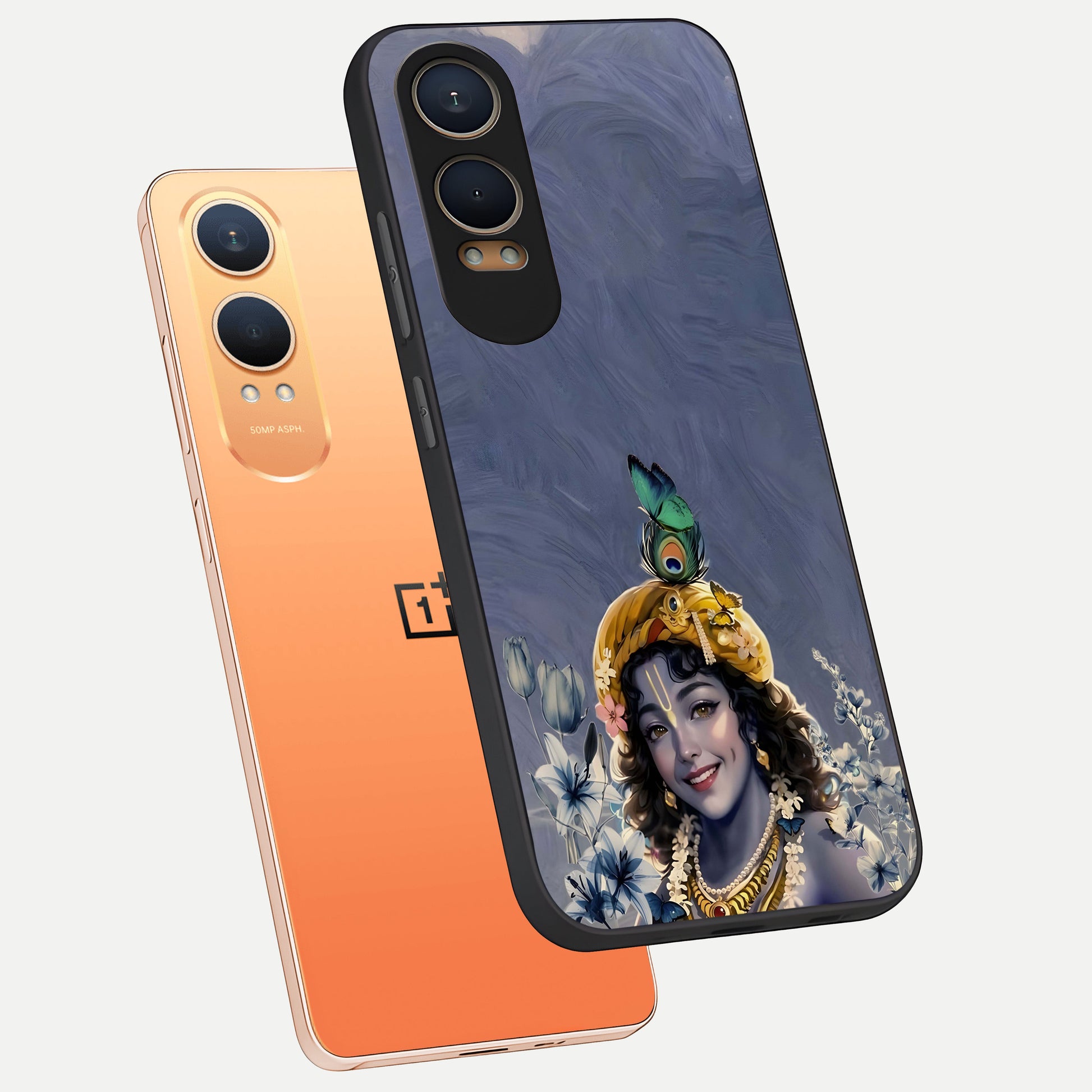  Lord Krishna phone case For Oneplus Nord CE4 Lite showing premium glass back cover with detailed artwork