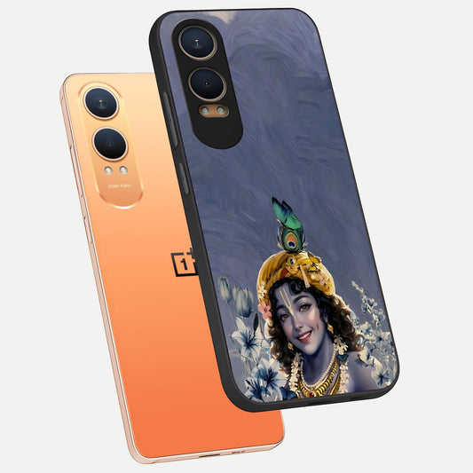  Lord Krishna phone case For Oneplus Nord CE4 Lite showing premium glass back cover with detailed artwork