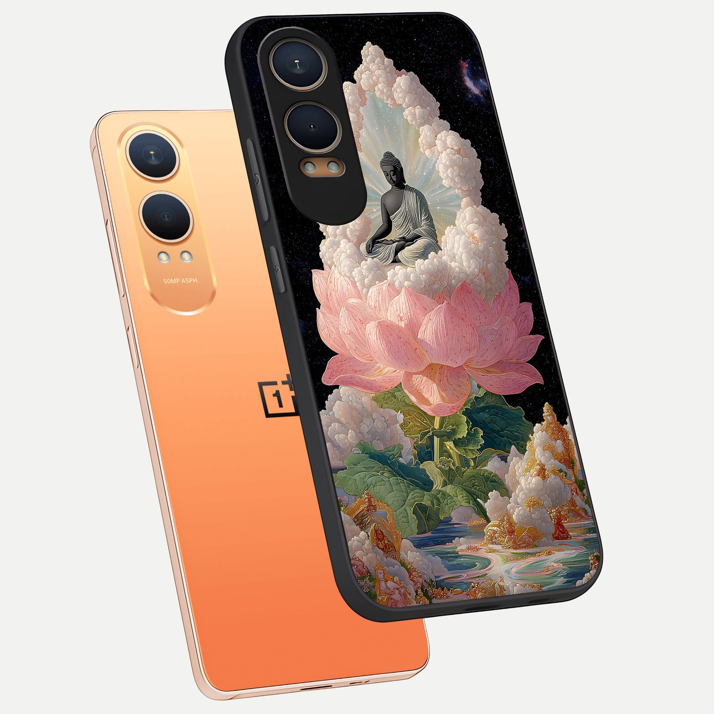  Lotus Divine Peace phone case For Oneplus Nord CE4 Lite showing premium glass back cover with detailed artwork