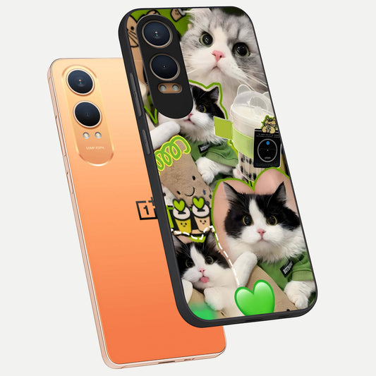  Matcha Cats Mood phone case For Oneplus Nord CE4 Lite showing premium glass back cover with detailed artwork
