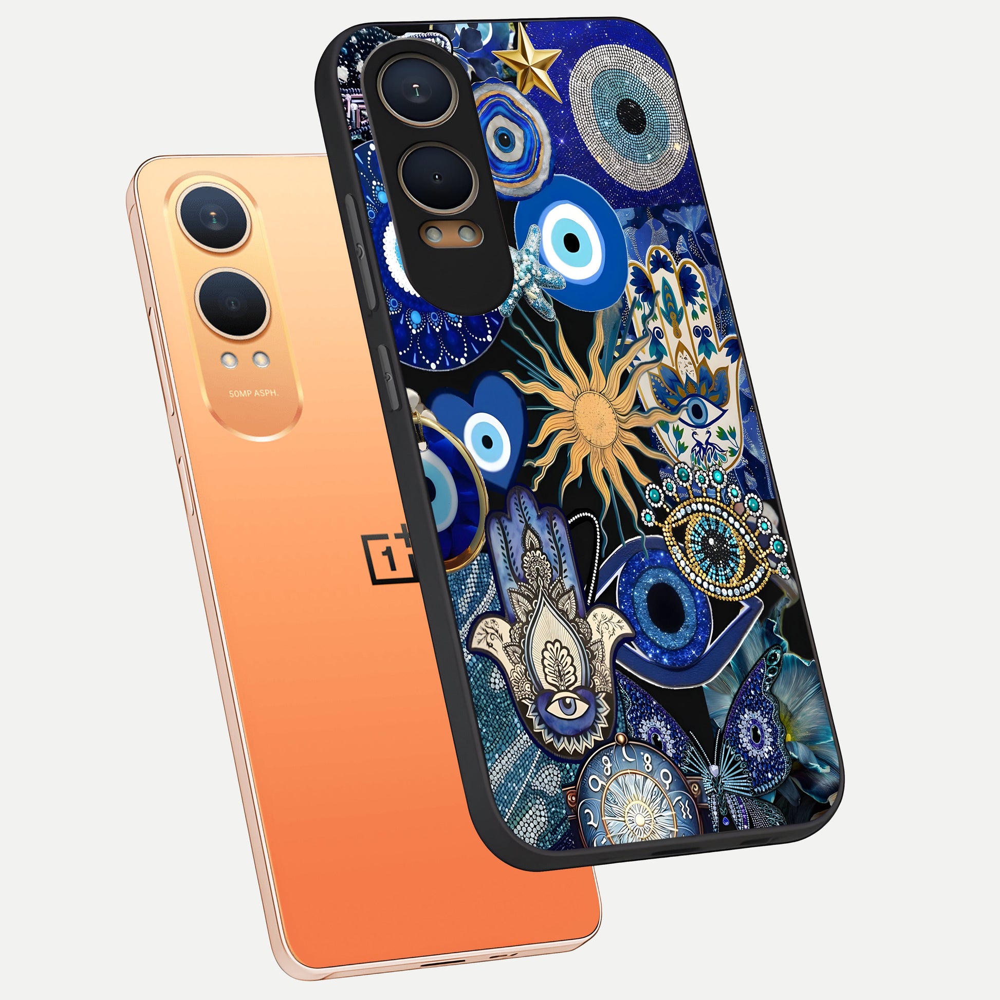  Mystic Blue Evil Eye phone case For Oneplus Nord CE4 Lite showing premium glass back cover with detailed artwork