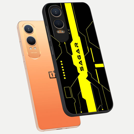  Neon CYBERPUNK Custom Name phone case For Oneplus Nord CE4 Lite showing premium glass back cover with detailed artwork