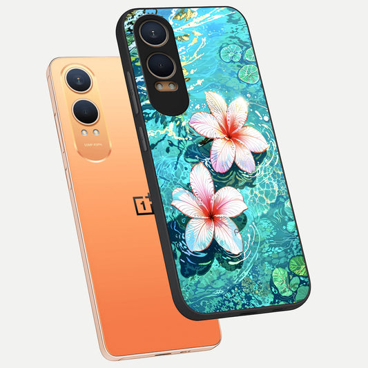  Pink Flowers in Water phone case For Oneplus Nord CE4 Lite showing premium glass back cover with detailed artwork