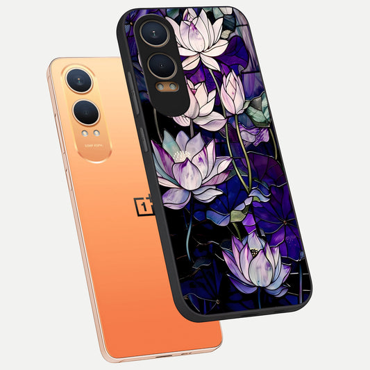  Purple Lotus Pattern phone case For Oneplus Nord CE4 Lite showing premium glass back cover with detailed artwork