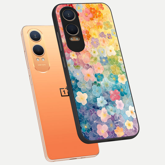  Rainbow Blossom Burst phone case For Oneplus Nord CE4 Lite showing premium glass back cover with detailed artwork