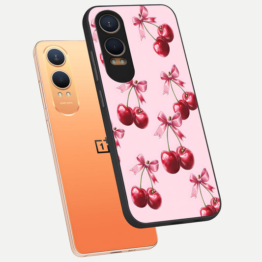  Red Cherries Pattern phone case For Oneplus Nord CE4 Lite showing premium glass back cover with detailed artwork