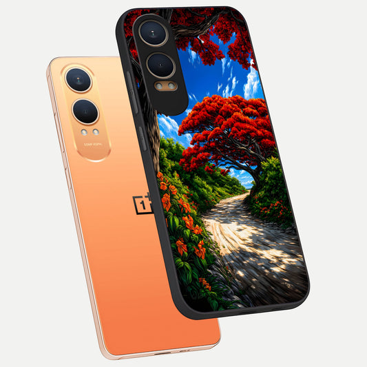  Red Trees Pathway phone case For Oneplus Nord CE4 Lite showing premium glass back cover with detailed artwork