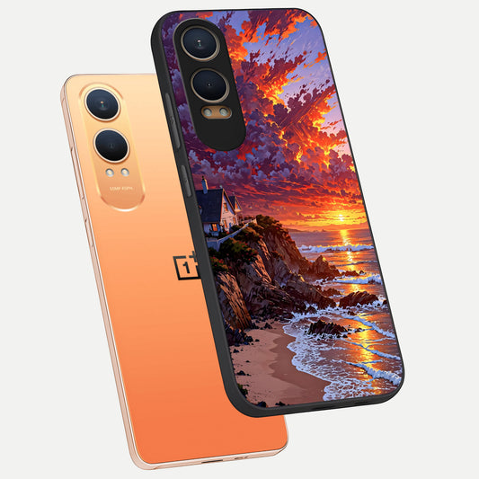  Sunset House By Sea phone case For Oneplus Nord CE4 Lite showing premium glass back cover with detailed artwork