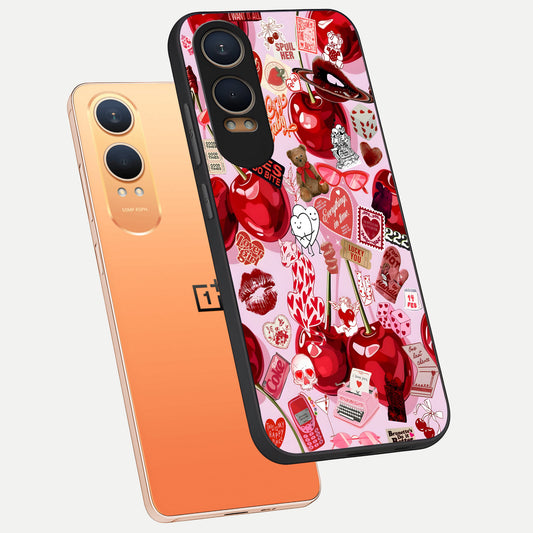  Sweet Cherry Chaos phone case For Oneplus Nord CE4 Lite showing premium glass back cover with detailed artwork