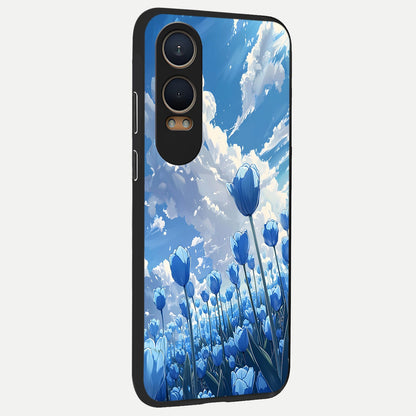  Blue Tulip Clouds back cover For Oneplus Nord CE4 Lite slim fit glass case with vibrant aesthetic design