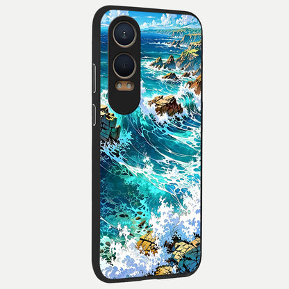  Coastal Blue Waves back cover For Oneplus Nord CE4 Lite slim fit glass case with vibrant aesthetic design