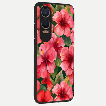  Hibiscus Pattern back cover For Oneplus Nord CE4 Lite slim fit glass case with vibrant aesthetic design