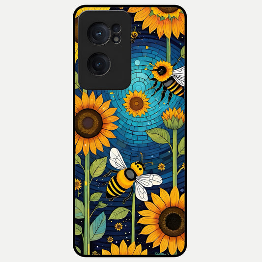  Bees And Sunflowers Glass Case For Oneplus Nord CE2 back cover – full design glossy printed glass finish