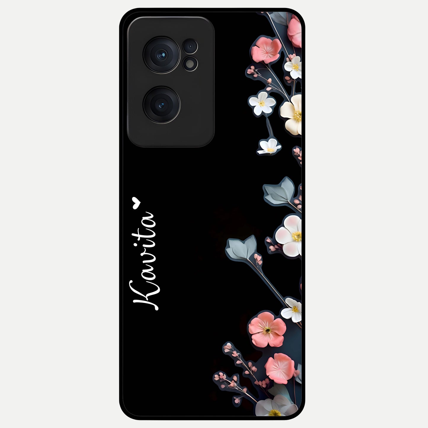  Black Elegance Floral Custom Name Glass Case For Oneplus Nord CE2 back cover – full design glossy printed glass finish