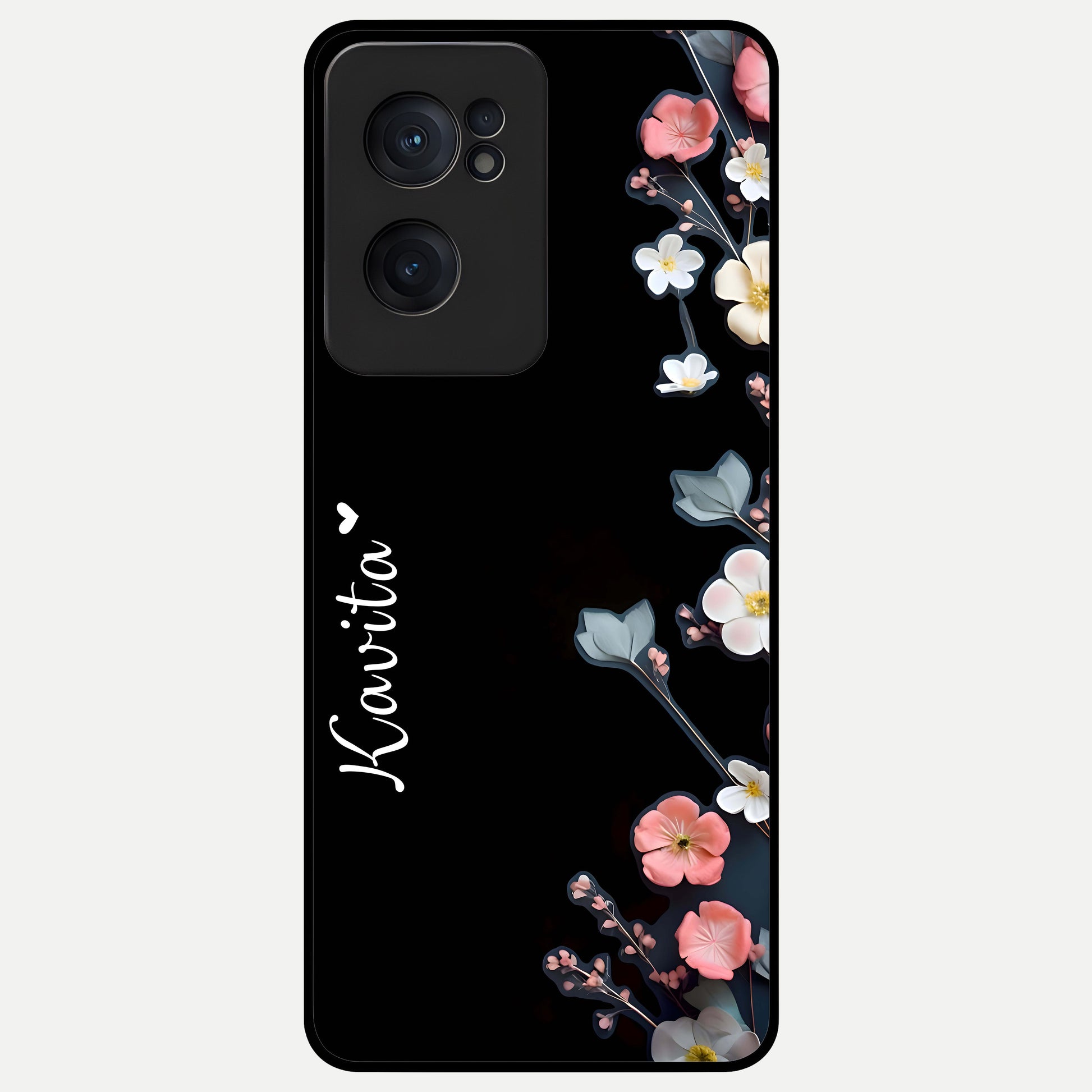  Black Elegance Floral Custom Name Glass Case For Oneplus Nord CE2 back cover – full design glossy printed glass finish