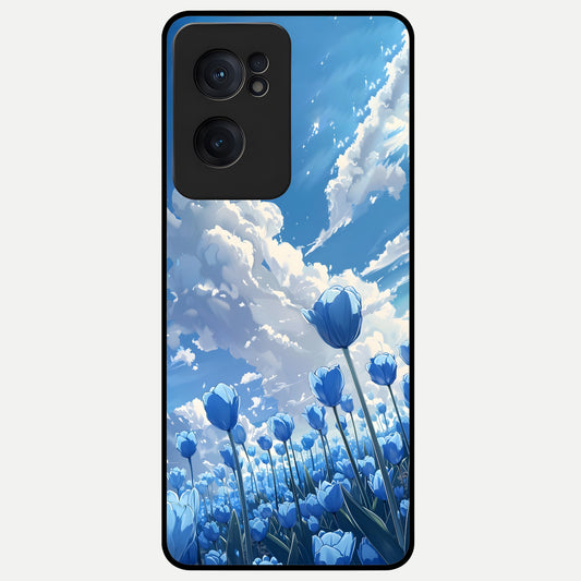  Blue Tulip Clouds Glass Case For Oneplus Nord CE2 back cover – full design glossy printed glass finish