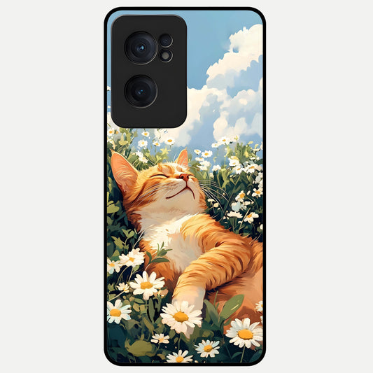  Cat And Flowers View Glass Case For Oneplus Nord CE2 back cover – full design glossy printed glass finish