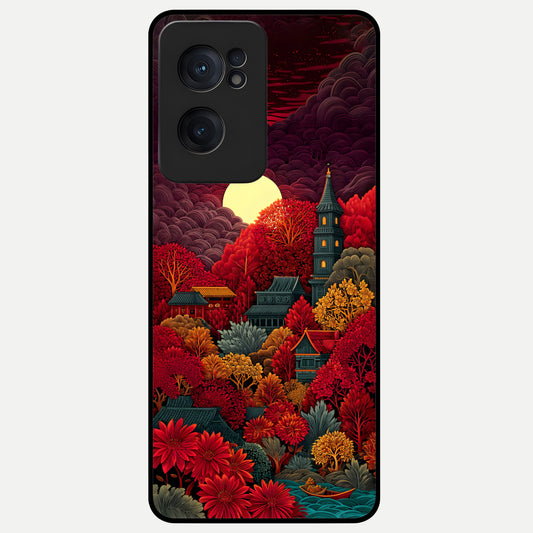  Scarlet Autumn Temple Glass Case For Oneplus Nord CE2 back cover – full design glossy printed glass finish