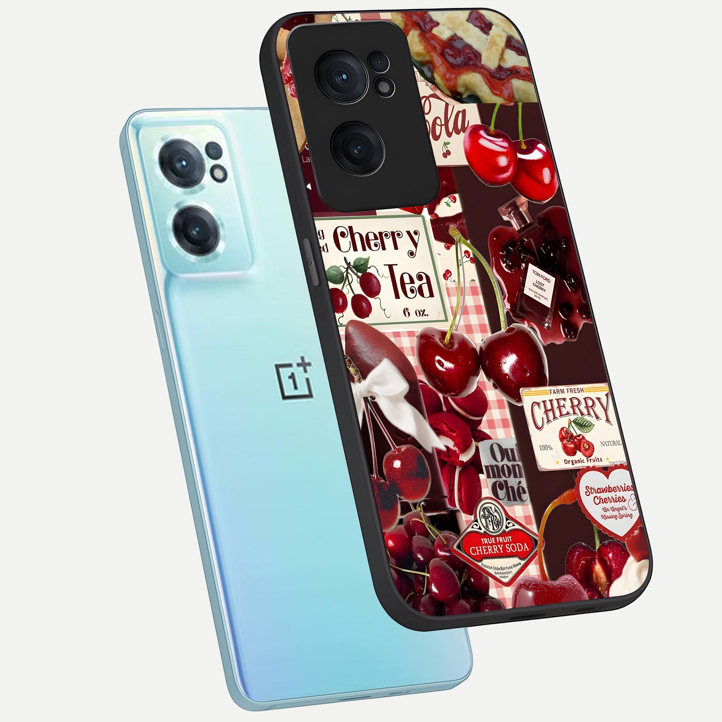  Aesthetic Cherry Tea phone case For Oneplus Nord CE2 showing premium glass back cover with detailed artwork