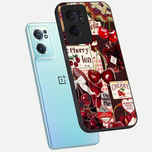  Aesthetic Cherry Tea phone case For Oneplus Nord CE2 showing premium glass back cover with detailed artwork