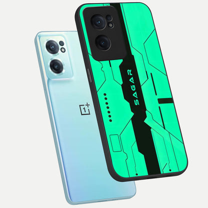  Aqua Tech CYBERPUNK Custom Name phone case For Oneplus Nord CE2 showing premium glass back cover with detailed artwork