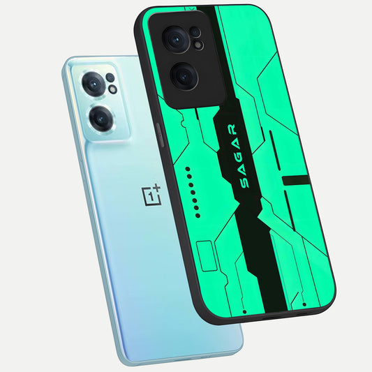  Aqua Tech CYBERPUNK Custom Name phone case For Oneplus Nord CE2 showing premium glass back cover with detailed artwork