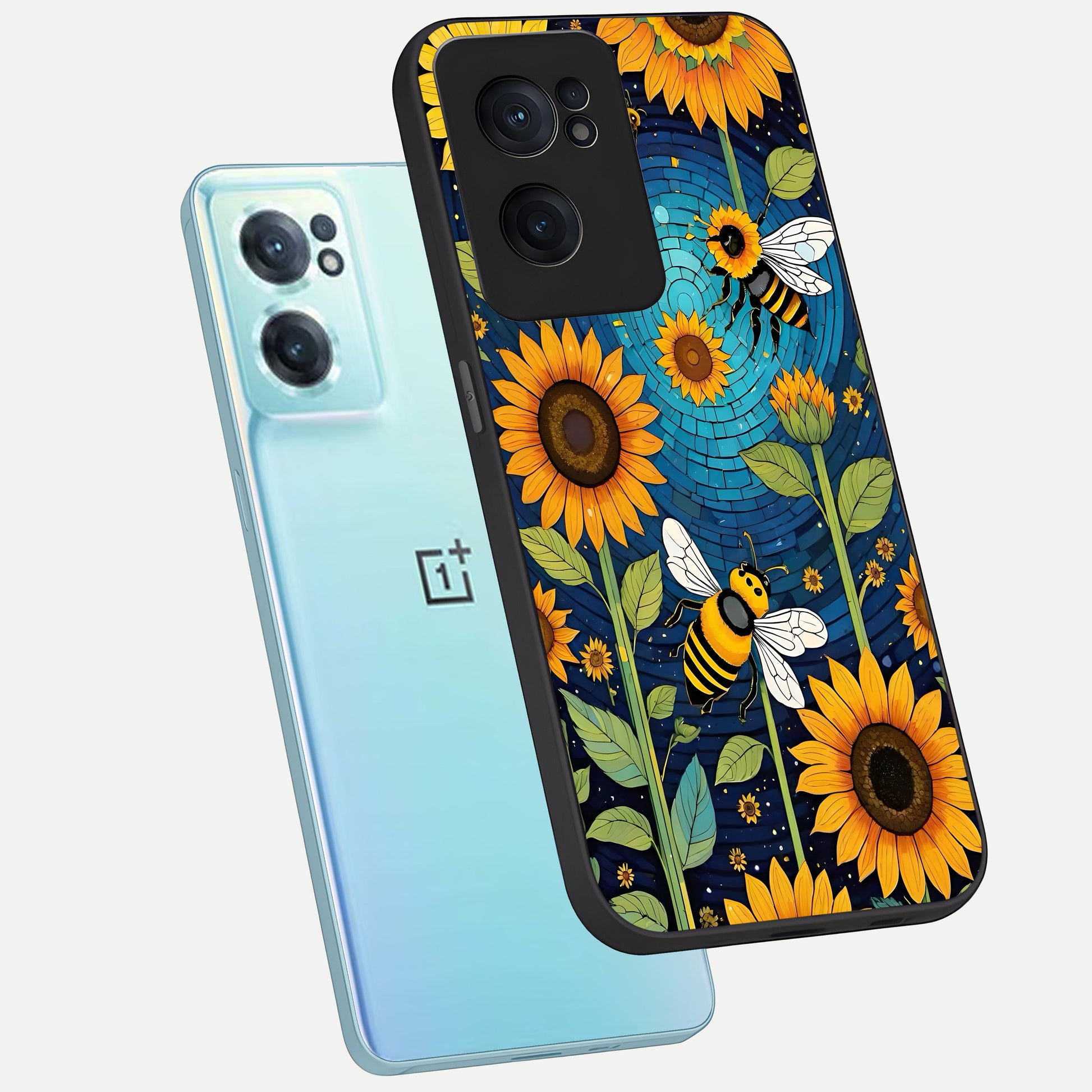  Bees And Sunflowers phone case For Oneplus Nord CE2 showing premium glass back cover with detailed artwork