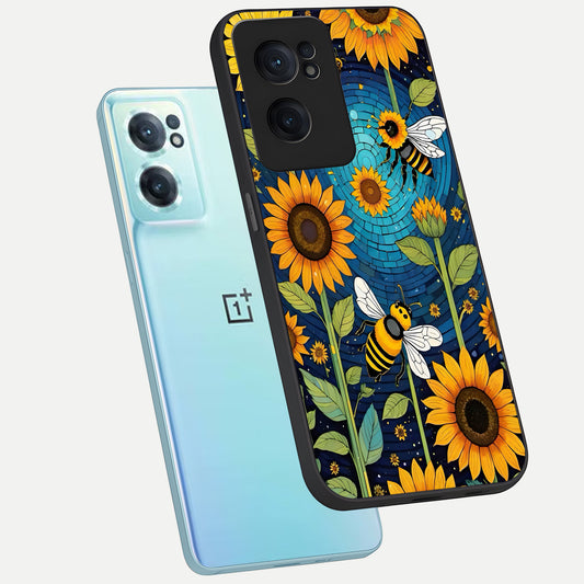  Bees And Sunflowers phone case For Oneplus Nord CE2 showing premium glass back cover with detailed artwork