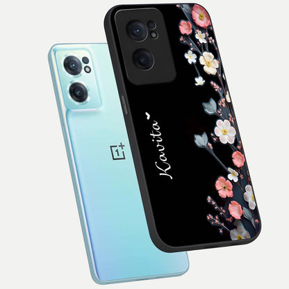  Black Elegance Floral Custom Name phone case For Oneplus Nord CE2 showing premium glass back cover with detailed artwork