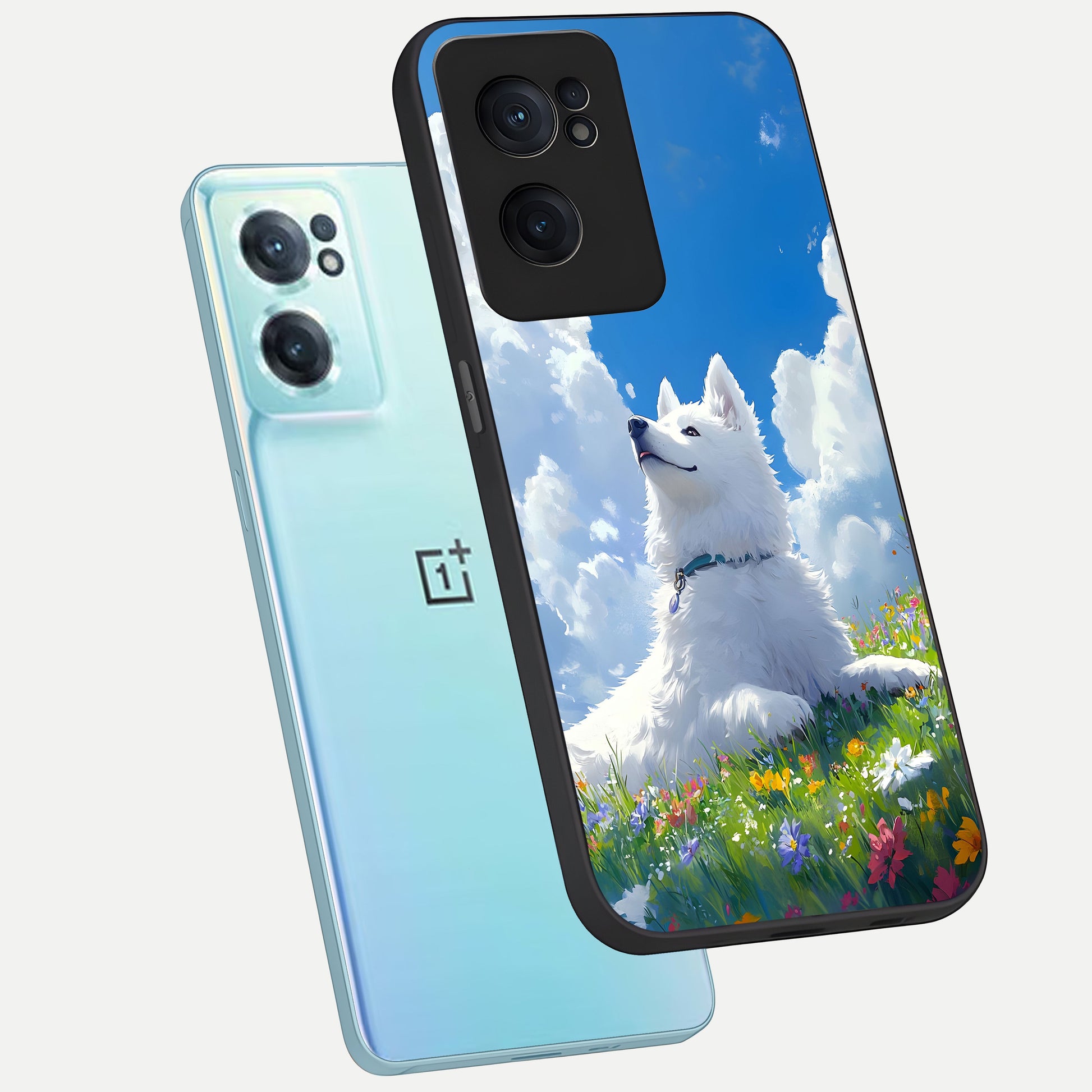  Blissful Cloud Pup phone case For Oneplus Nord CE2 showing premium glass back cover with detailed artwork