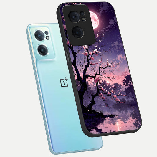  Blossom Pink Moon phone case For Oneplus Nord CE2 showing premium glass back cover with detailed artwork