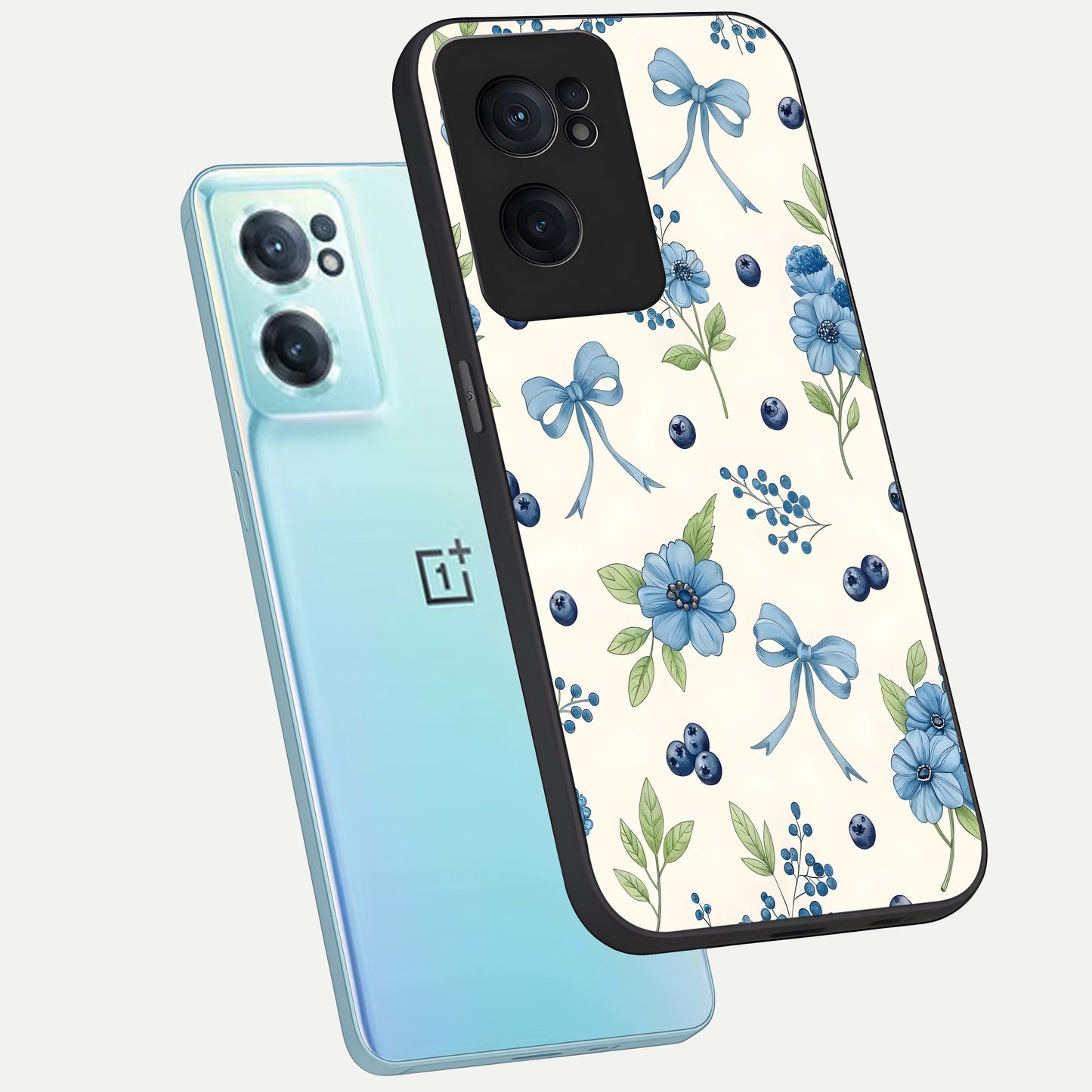  Blue Flower And Bow phone case For Oneplus Nord CE2 showing premium glass back cover with detailed artwork