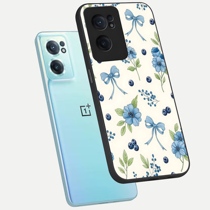  Blue Flower And Bow phone case For Oneplus Nord CE2 showing premium glass back cover with detailed artwork