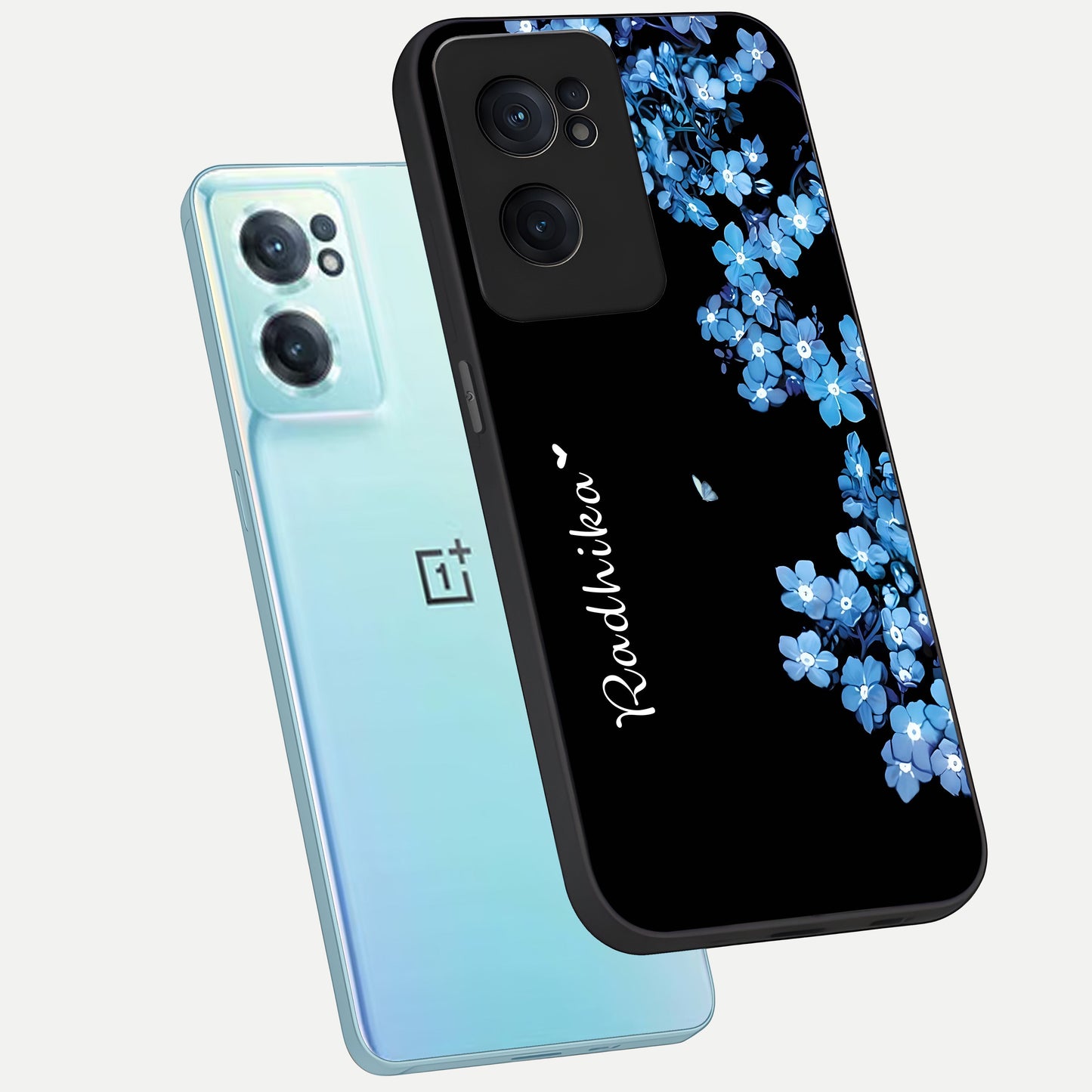  Blue Petal Dream Custom Name phone case For Oneplus Nord CE2 showing premium glass back cover with detailed artwork