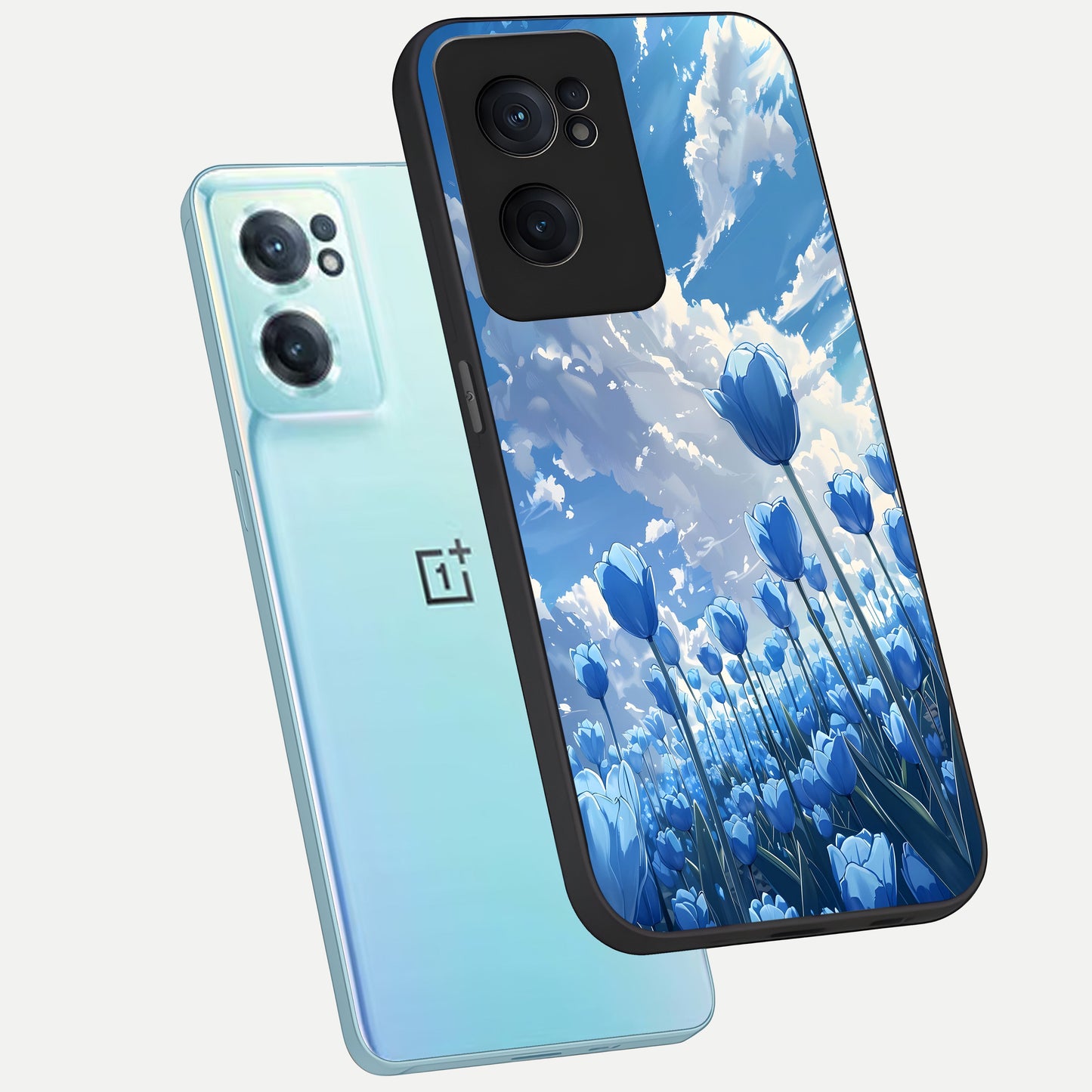  Blue Tulip Clouds phone case For Oneplus Nord CE2 showing premium glass back cover with detailed artwork