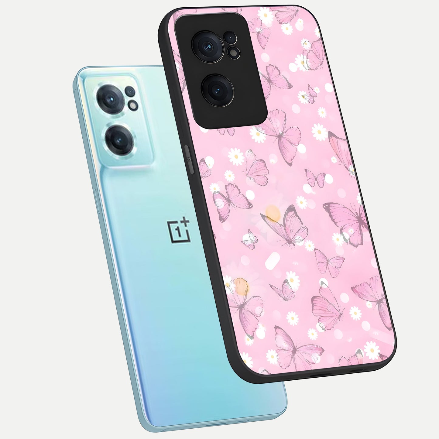  Blush Butterfly Garden phone case For Oneplus Nord CE2 showing premium glass back cover with detailed artwork