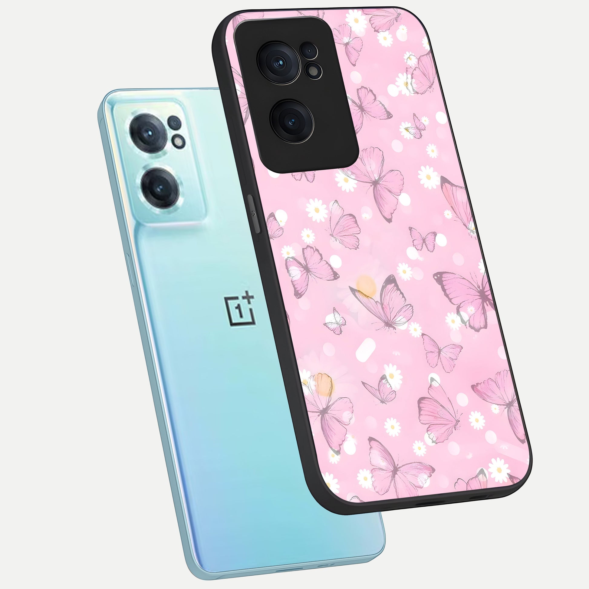  Blush Butterfly Garden phone case For Oneplus Nord CE2 showing premium glass back cover with detailed artwork