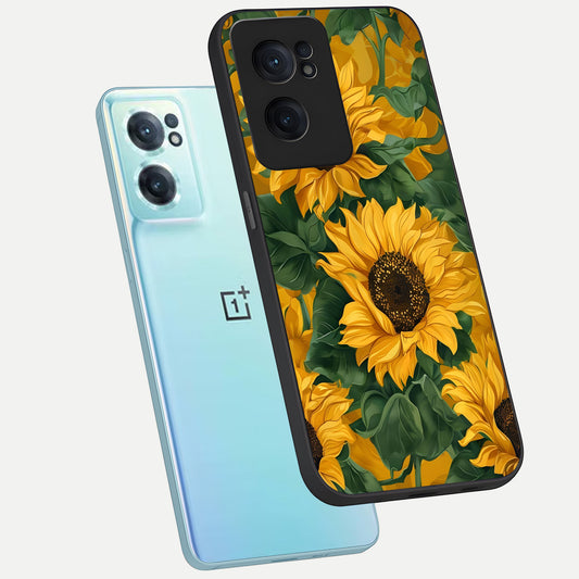  Bright Sunflower Bloom phone case For Oneplus Nord CE2 showing premium glass back cover with detailed artwork