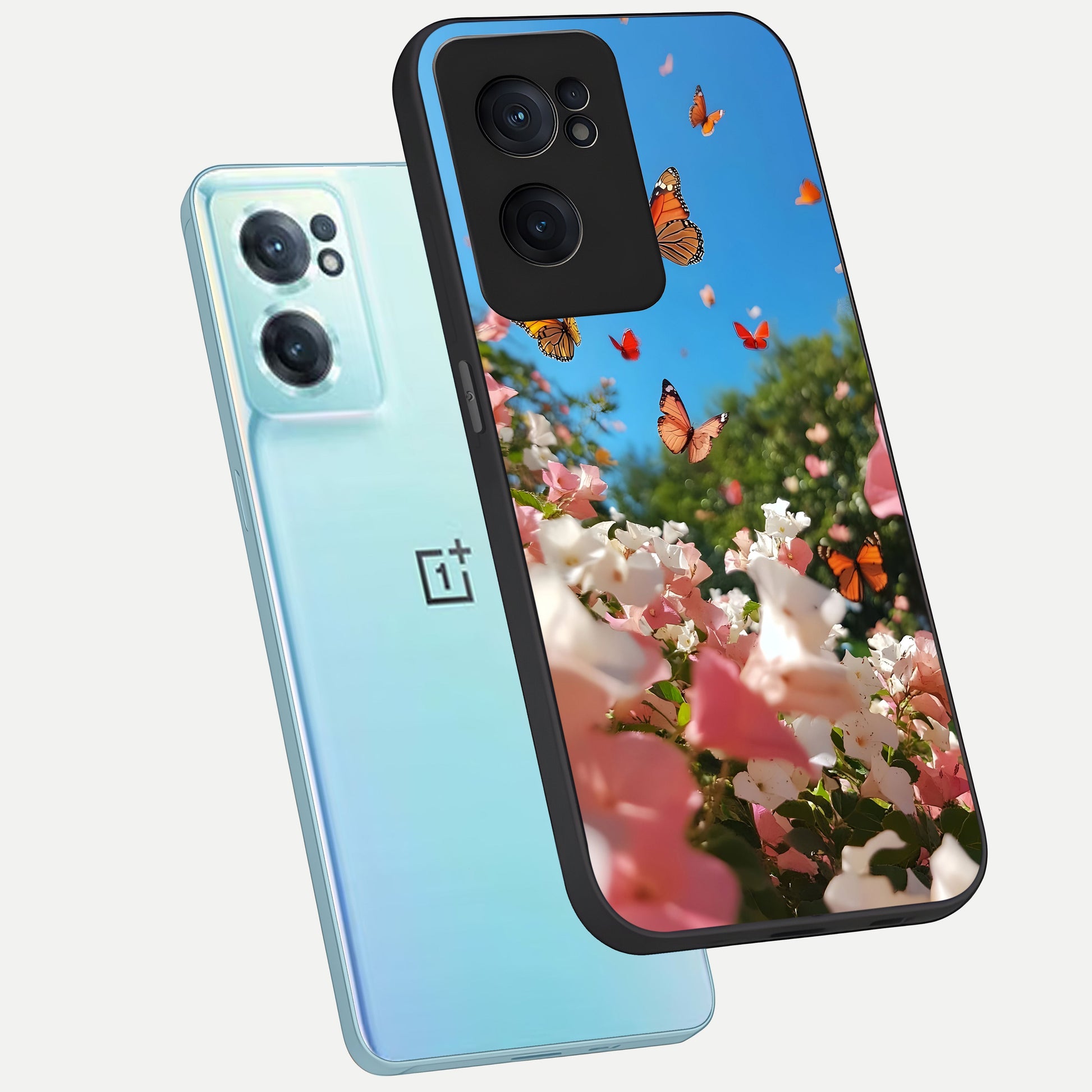  Butterflies In Bloom Sky phone case For Oneplus Nord CE2 showing premium glass back cover with detailed artwork